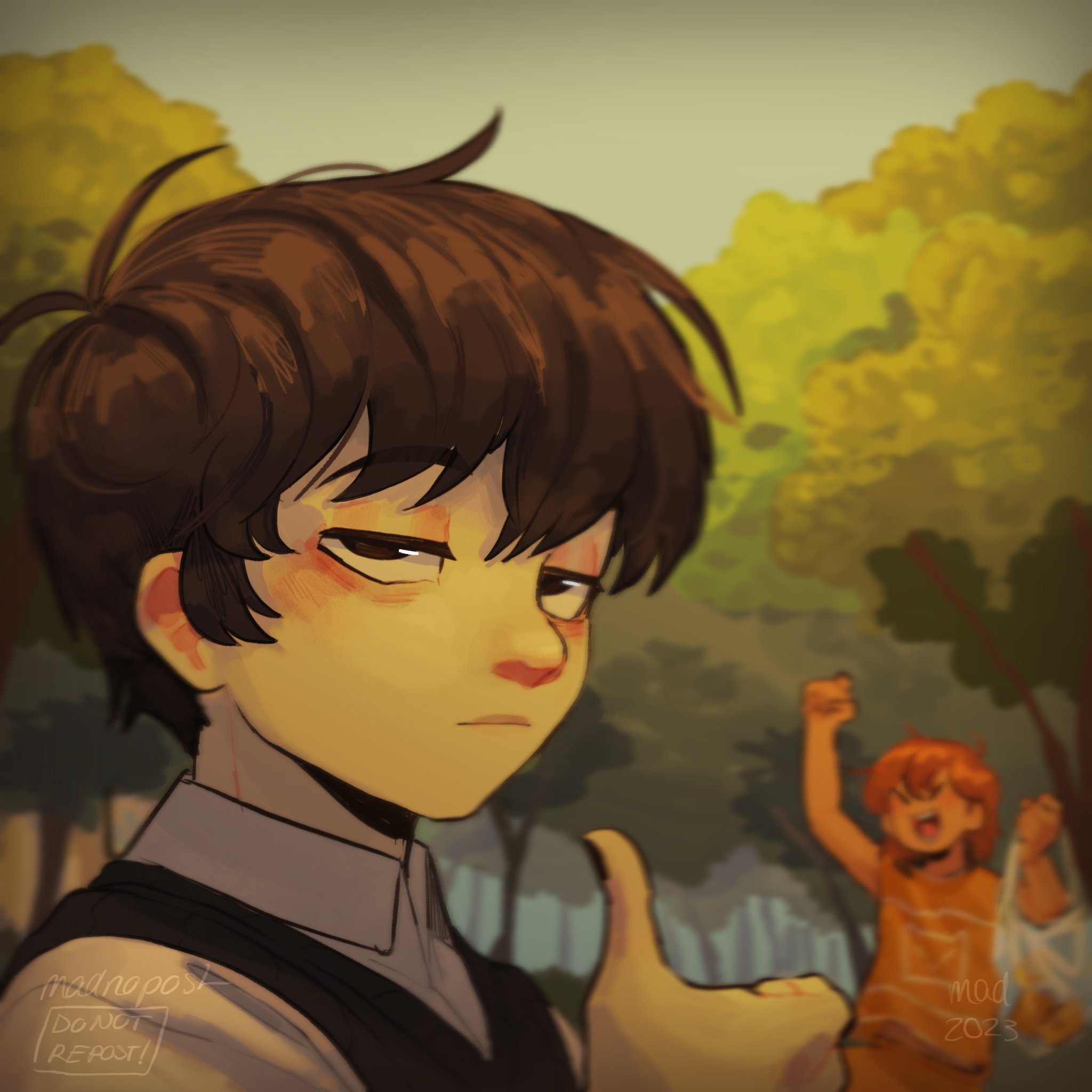 madnopost, kel (faraway) (omori), kel (omori), sunny (omori), omori, highres, 2boys, antenna hair, arm up, bag, bags under eyes, black eyes, black hair, black nails, black sweater vest, blurry, blurry background, brown hair, closed eyes, closed mouth, collared shirt, dark-skinned male, dark skin, holding, holding bag, male focus, multiple boys, open mouth, outdoors, plastic bag, shirt, short hair, smile, sweater vest, thumbs up, tree, white shirt