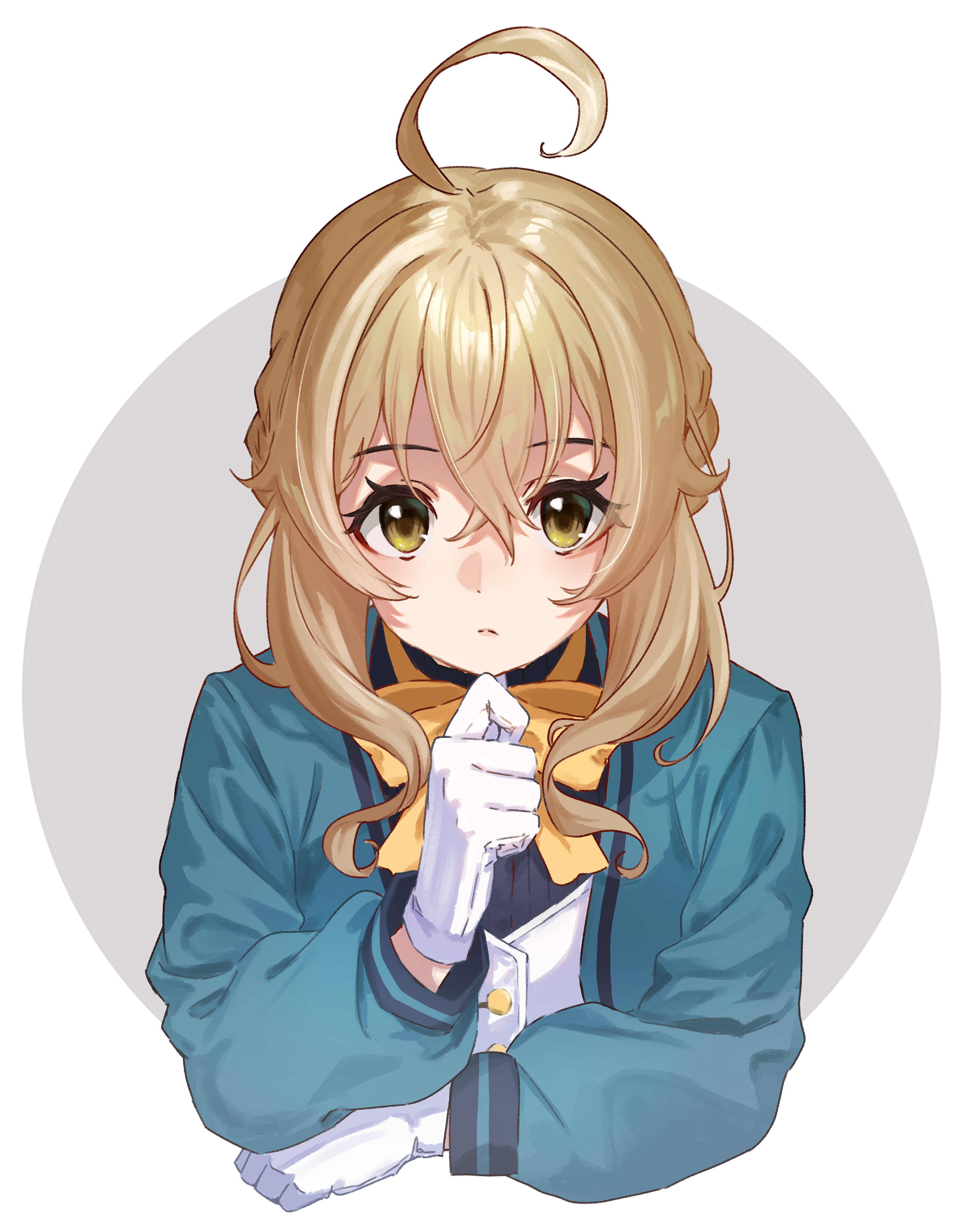 m.tokotsu, monica everett, silent witch, absurdres, highres, tagme, 1girl, ahoge, blue jacket, bow, brown eyes, brown hair, gloves, hair between eyes, huge ahoge, jacket, long sleeves, looking at viewer, looking up, portrait, solo, white background, white gloves, yellow bow