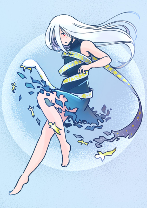 rangycrow, yuiman asama, touhou, commentary request, 1girl, armpits, bare shoulders, barefoot, blue background, blue dress, circle, dress, full body, grey ribbon, hair over one eye, light blush, long hair, red eyes, ribbon around body, sleeveless, sleeveless dress, snake, solo, white hair