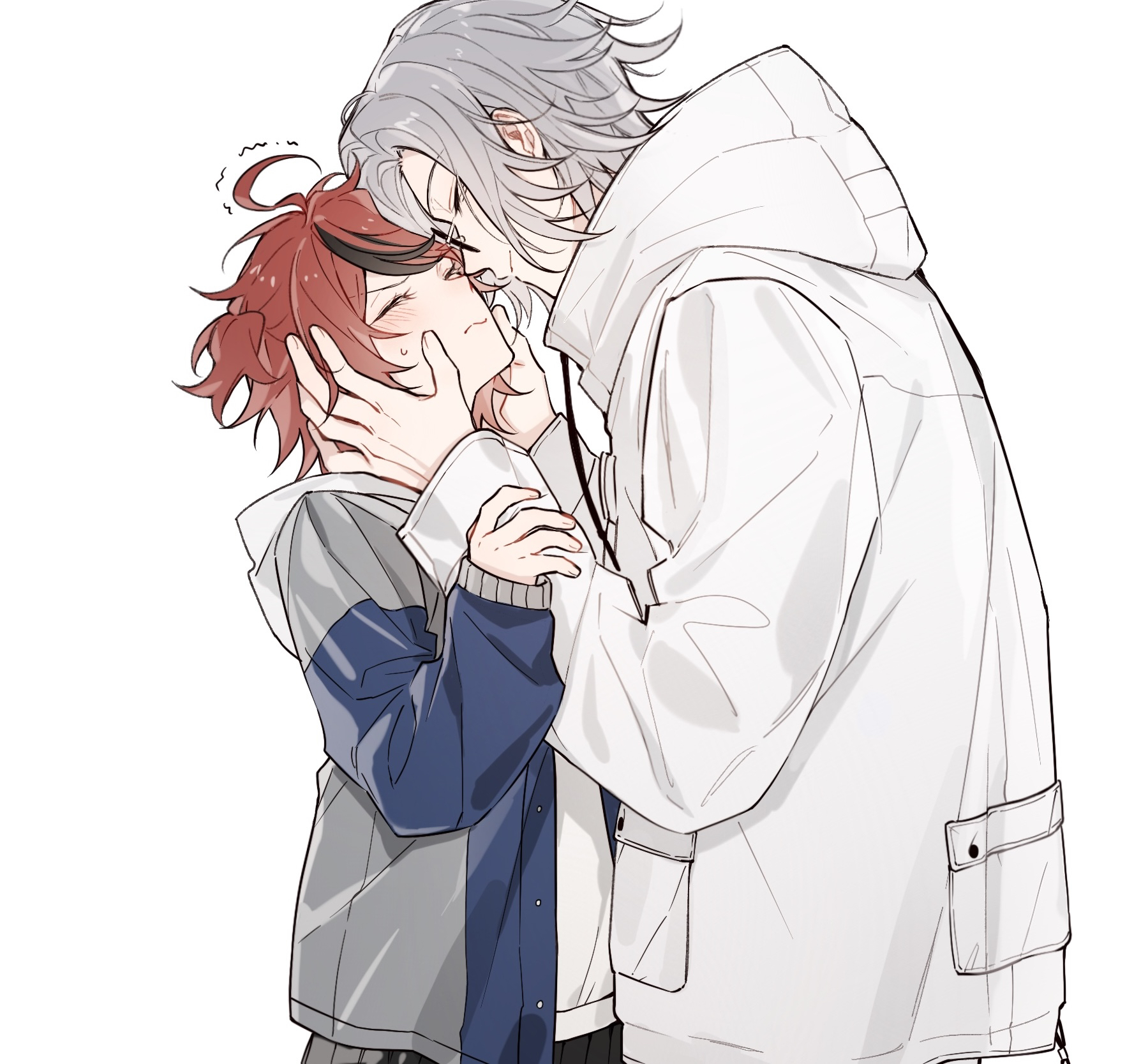 xiluo0207, aotsuki eito, sumino takumi, the hundred line -last defense academy-, chinese commentary, commentary request, highres, 1boy, 1girl, ahoge, black skirt, black streaks, blue jacket, face-to-face, facing another, genderswap, genderswap (mtf), glasses, grey hair, grey jacket, hands on another's head, heads together, height difference, hetero, hood, hoodie, jacket, light blush, multicolored hair, pleated skirt, ponytail, red hair, short hair, short ponytail, side ponytail, simple background, skirt, small sweatdrop, smile, streaked hair, trembling, upper body, white background, white hoodie, white jacket