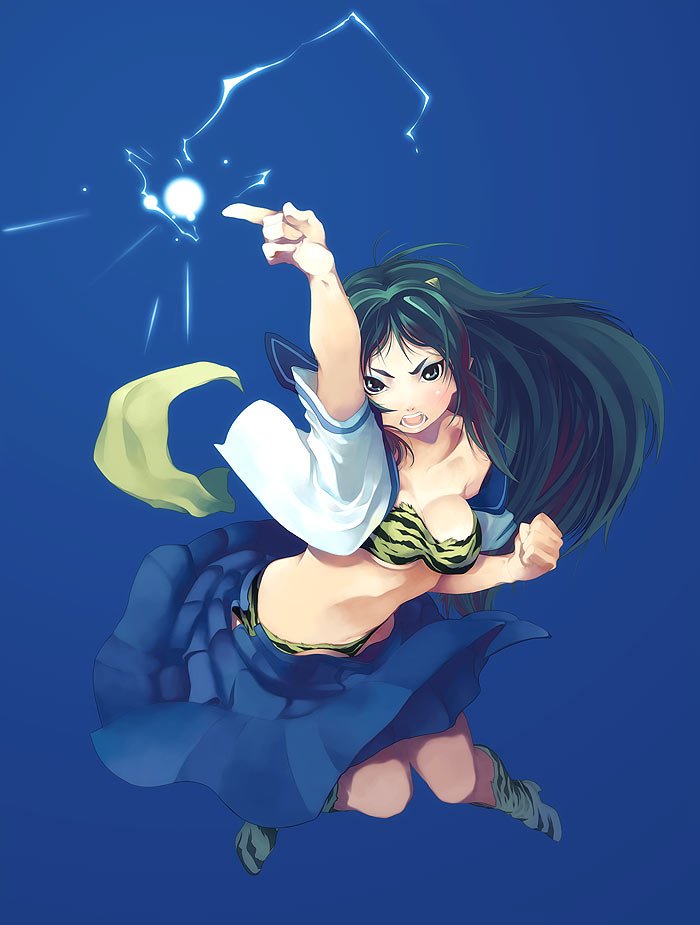 shiomiya iruka, lum, urusei yatsura, bad id, bad pixiv id, 1girl, animal print, bra, cone horns, electricity, eyeshadow, female focus, green hair, horns, lingerie, long hair, makeup, oni, panties, school uniform, serafuku, solo, striped horns, tiger print, underwear