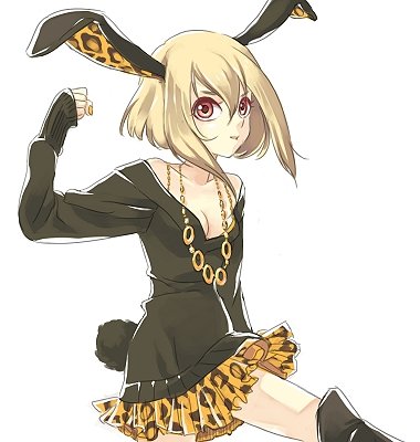 rokka (pixiv 28833), rukka, lowres, animal ears, blonde hair, jewelry, miniskirt, necklace, rabbit ears, rabbit tail, red eyes, skirt, solo, tail
