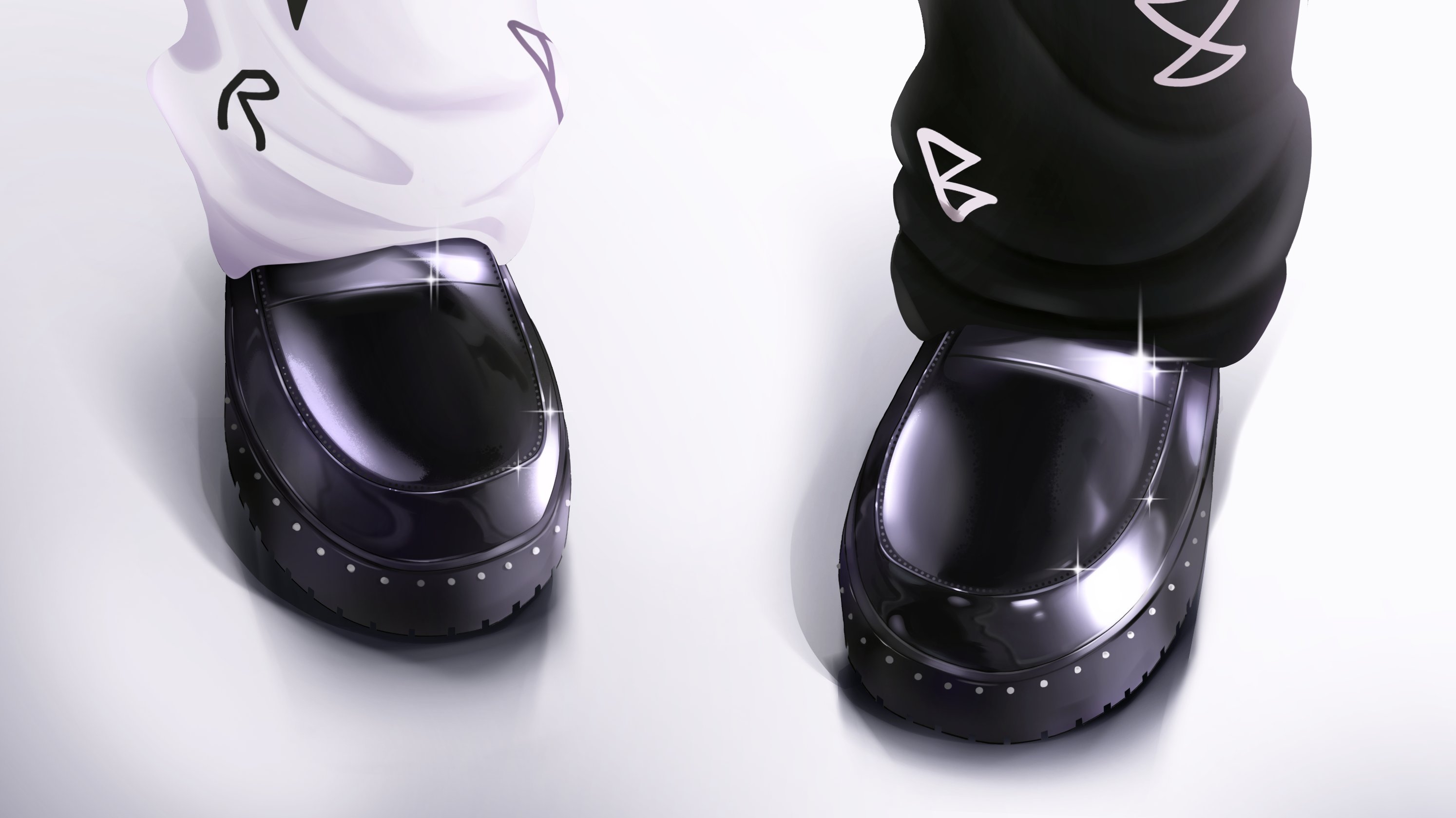 nanashi mumei, nanashi mumei (emo), hololive, hololive english, highres, 1girl, black leg warmers, black shoes, feet only, footwear focus, leg warmers, luke s (artist), official alternate costume, polished shoes, shiny footwear, shoes, solo, virtual youtuber, white background, white leg warmers