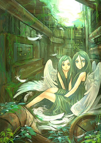 kalan, bad id, bad pixiv id, 2girls, dress, feathers, green hair, long hair, multiple girls, wings