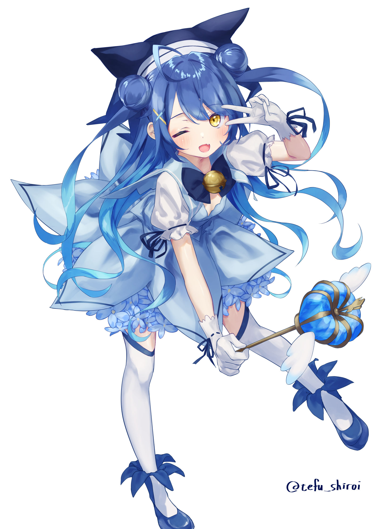 shiroitefu, amamiya kokoro, nijisanji, highres, 1girl, bell, blue bow, blue bowtie, blue hair, bow, bowtie, dress, frilled dress, frills, gloves, holding, holding wand, jingle bell, magical girl, one eye closed, shoes, smile, thighhighs, v, virtual youtuber, wand, white gloves, white thighhighs, yellow eyes