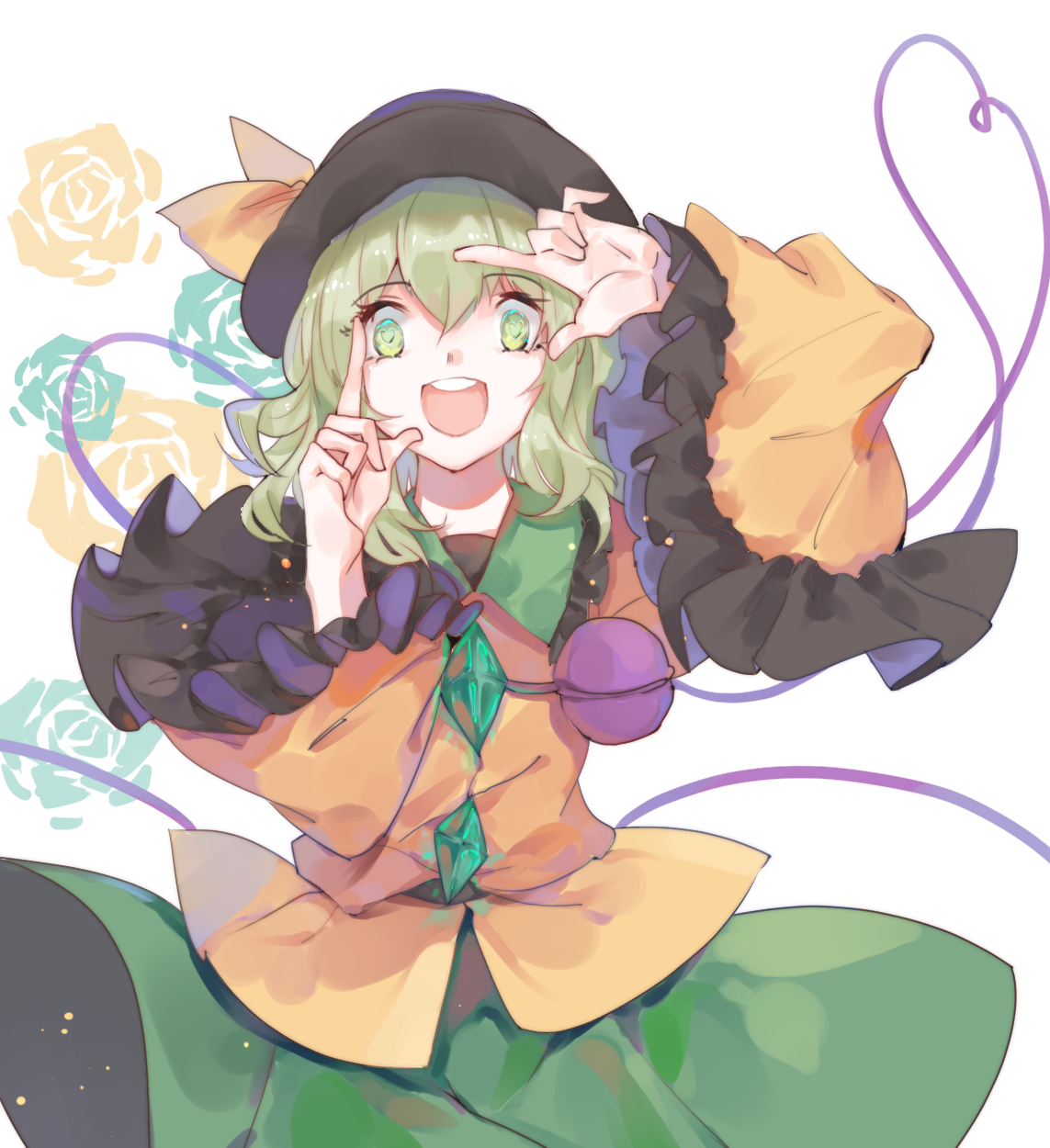 cui ying, komeiji koishi, touhou, highres, 1girl, :d, arms up, black hat, buttons, cowboy shot, diamond button, frilled sleeves, frills, green eyes, green hair, green skirt, hair between eyes, hat, long sleeves, looking at viewer, medium hair, open mouth, round teeth, shirt, skirt, smile, solo, standing, teeth, third eye, upper teeth only, white background, wide sleeves, yellow shirt