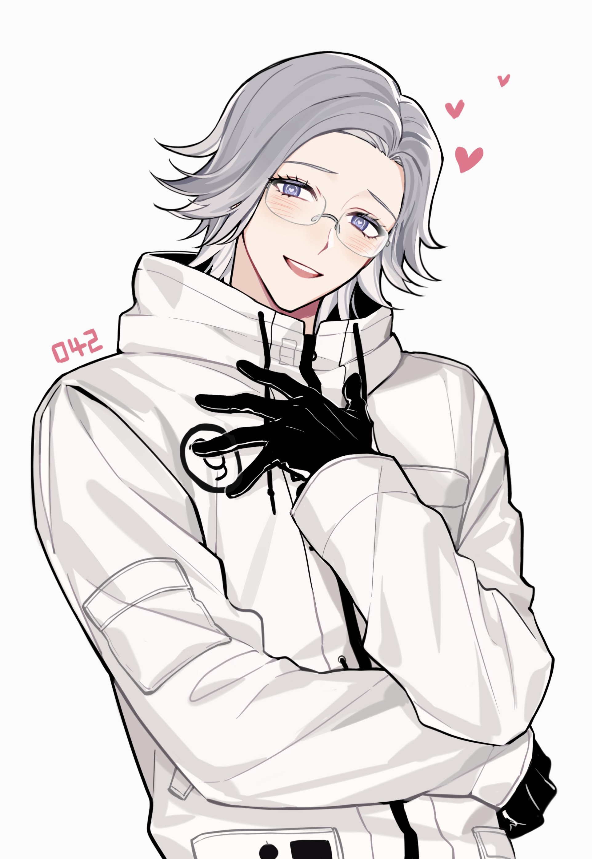xiluo0207, aotsuki eito, the hundred line -last defense academy-, absurdres, chinese commentary, commentary request, highres, 1boy, black gloves, breast pocket, glasses, gloves, grey hair, hand on own chest, heart, heart-shaped pupils, jacket, light blush, looking at viewer, male focus, pocket, purple eyes, short hair, simple background, sleeve pouch, smile, solo, symbol-shaped pupils, teeth, upper body, upper teeth only, white background, white jacket