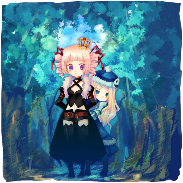 icc, curse maker, dark hunter, dark hunter (sekaiju), dark hunter 4, gunner (sekaiju), gunner 2 (sekaiju), jack frost (megami tensei), atlus, etrian odyssey, bad id, bad pixiv id, 2girls, armor, belt, blonde hair, blue eyes, blush, cape, chibi, crown, drill hair, forest, hair ribbon, hat, hiding, multiple girls, nature, peeking out, pink hair, purple eyes, ribbon, short shorts, shorts, thighhighs