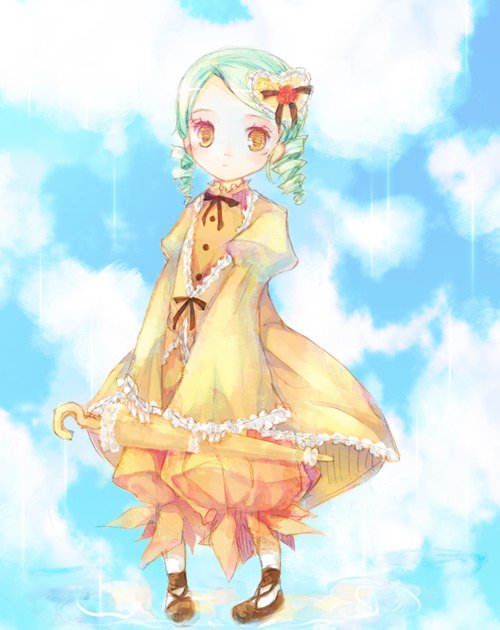 icc, kanaria, rozen maiden, bad id, bad pixiv id, 00s, cloud, day, dress, drill hair, green hair, umbrella, yellow eyes
