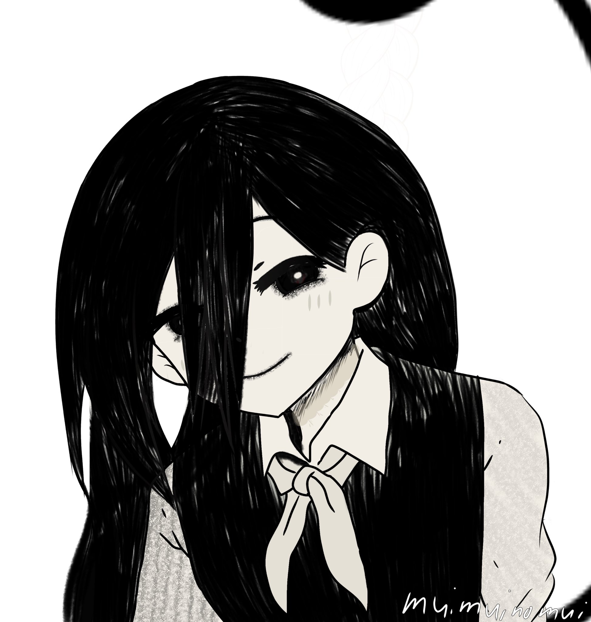 mari (headspace) (omori), mari (omori), something (omori), omori, commentary request, highres, spoilers, 1girl, bright pupils, closed mouth, collared shirt, double-parted bangs, greyscale, hair behind ear, hair between eyes, hatching (texture), high contrast, leaning forward, long hair, long hair between eyes, looking at viewer, monochrome, neckerchief, psus51, shirt, short sleeves, simple background, smile, solo, straight hair, sweater vest, upper body, white background