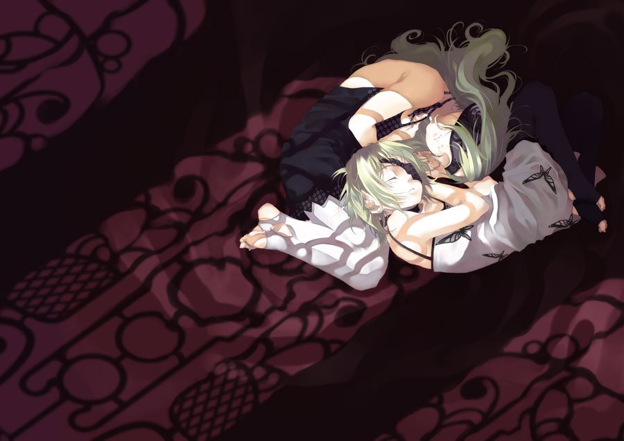 shiomiya iruka, bad id, bad pixiv id, 2girls, dress, eyepatch, green hair, lying, multiple girls, sleeping