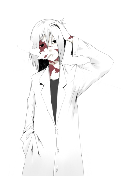 oguchi, bad id, bad pixiv id, 1boy, bags under eyes, black eyes, blood, burns, cigarette, expressionless, hand in pocket, hand on own head, head tilt, lab coat, male focus, monochrome, scar, scratching head, smoking, solo, white hair