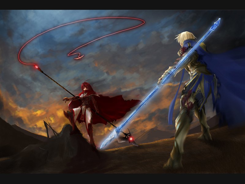 pupps, original, 1boy, 1girl, armor, axe, battle, cape, dutch angle, evening, fantasy, fighting, letterboxed, polearm, sky, spear, weapon