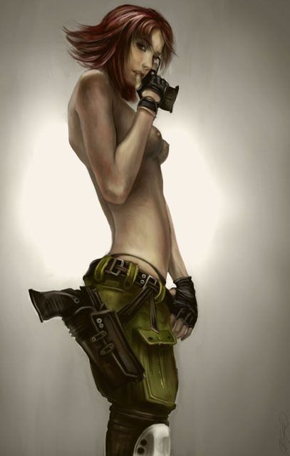meryl silverburgh, metal gear (series), metal gear solid, tagme, 1girl, gun, topless female, weapon