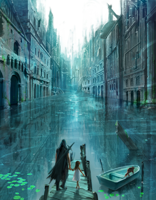 hage2013, futari to ippiki no tabi, original, bad id, bad pixiv id, 1boy, 1girl, blue theme, boat, child, dog, fantasy, lily pad, meme, nice boat (meme), reflection, road, ruins, scenery, street, sword, town, vanishing point, water, watercraft, weapon