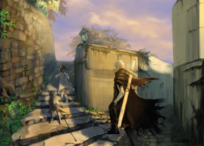 hage2013, futari to ippiki no tabi, original, bad id, bad pixiv id, lowres, 1boy, 1girl, cape, dog, fantasy, running, sky, stairs, sword, town, walking, weapon