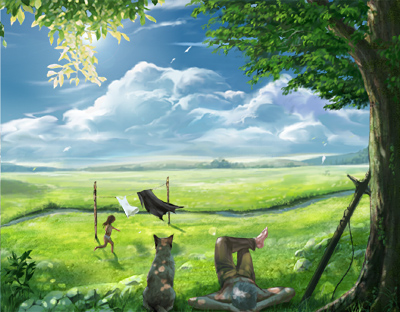 hage2013, futari to ippiki no tabi, original, bad id, bad pixiv id, lowres, 1boy, 1girl, clothesline, cloud, day, dog, grass, landscape, laundry, outdoors, running, scenery, slice of life, tree