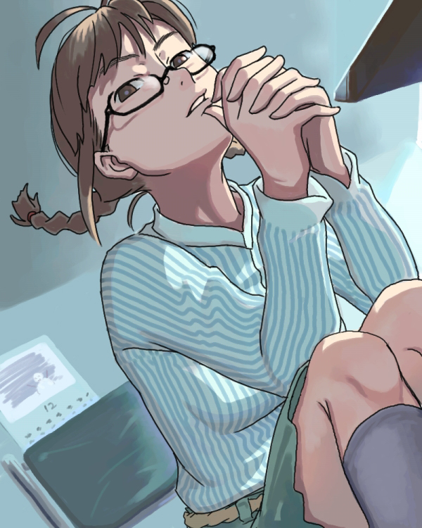 inu (aerodog), akizuki ritsuko, idolmaster, idolmaster (classic), idolmaster 1, 00s, 1girl, braid, brown eyes, brown hair, dutch angle, female focus, glasses, indoors, own hands clasped, own hands together, solo