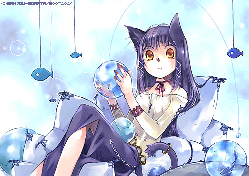 sanjou sorata, original, lowres, 1girl, animal ears, cat ears, cat girl, dated, female focus, fish, long hair, nail polish, off shoulder, pillow, purple hair, sitting, solo, surprised, yellow eyes