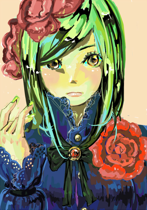 gomosawa, original, 1girl, dress, female focus, flower, green hair, solo