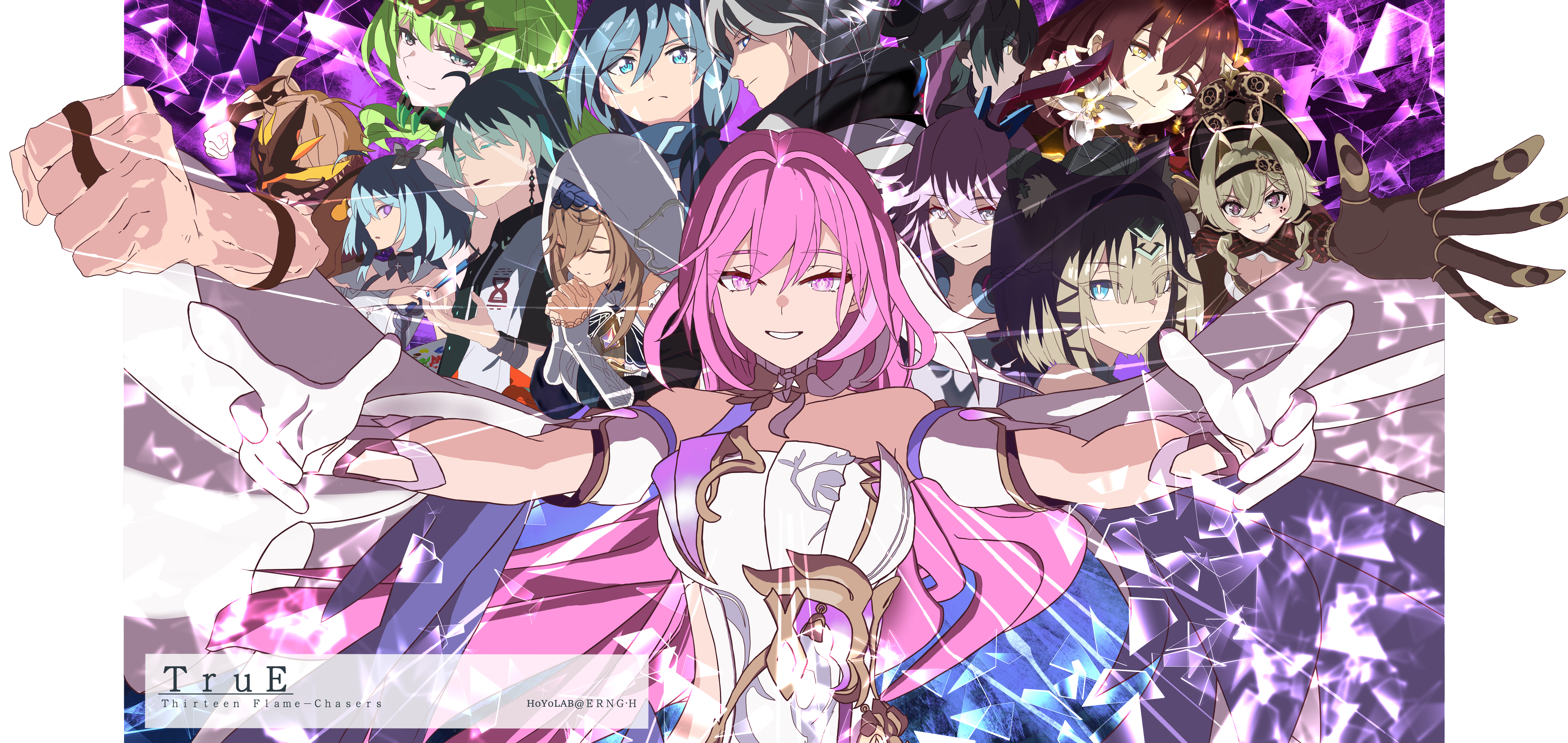 erng.h, aponia, eden (honkai impact), elysia (honkai impact), fu hua, griseo, kalpas (honkai impact), kevin kaslana, kosma, mobius (honkai impact), pardofelis, su (honkai impact), vill-v, yae sakura, yae sakura (goushinnso memento), honkai (series), honkai impact 3rd, absurdres, chinese commentary, commentary request, highres, 4boys, 6+girls, animal ear fluff, animal ears, bare shoulders, blue eyes, blue hair, breasts, broken glass, brown hair, brown hat, cat ears, cat girl, clenched hand, closed eyes, closed mouth, earrings, glass, glass shards, gloves, green eyes, green hair, grey hair, hat, jewelry, large breasts, long hair, looking at viewer, mask, multiple boys, multiple girls, outstretched arms, parted lips, pink eyes, pink hair, purple eyes, smile, straight-on, thirteen flame-chasers (honkai impact), top hat, white gloves