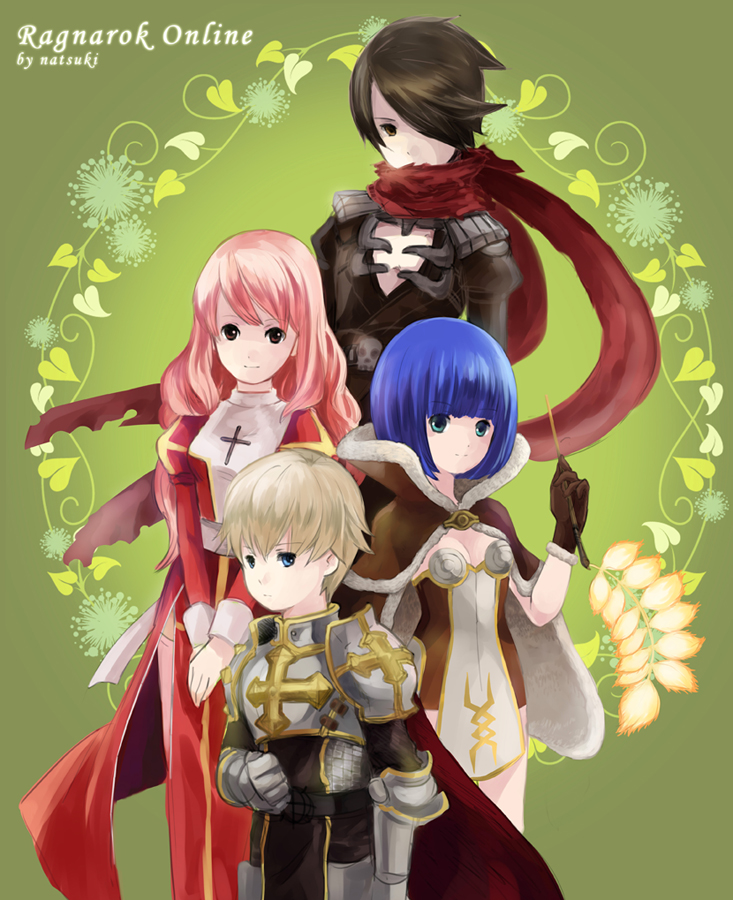 natsuki (pighair), assassin cross (ragnarok online), high priest (ragnarok online), high wizard (ragnarok online), lord knight (ragnarok online), ragnarok online, chinese commentary, commentary request, 2boys, 2girls, armor, belt, black belt, black shirt, black tabard, blue eyes, blue hair, blunt bangs, bob cut, breastplate, brown cape, brown dress, brown eyes, brown gloves, brown hair, cape, chainmail, closed mouth, copyright name, cowboy shot, cross, dress, fur-trimmed cape, fur-trimmed gloves, fur trim, gloves, green background, grey hair, hair over one eye, holding, holding wand, juliet sleeves, long hair, long sleeves, looking at viewer, multiple boys, multiple girls, pauldrons, pink hair, puffy sleeves, red cape, red dress, red scarf, scarf, shirt, short dress, short hair, shoulder armor, smile, strapless, strapless dress, tabard, two-tone dress, wand, white dress
