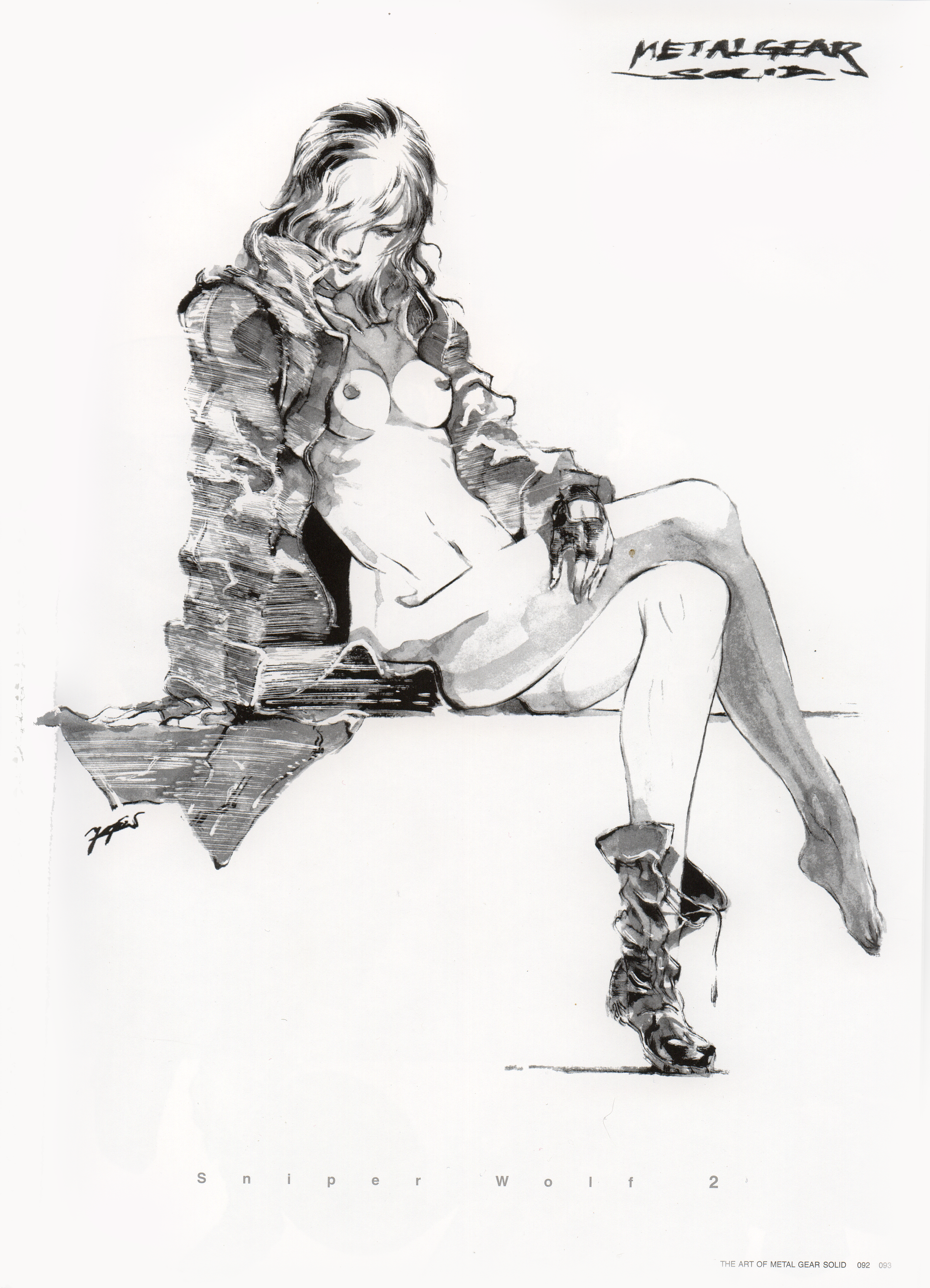 shinkawa youji, sniper wolf, metal gear (series), metal gear solid, absurdres, highres, official art, boots, breasts, gloves, nipples, no bra