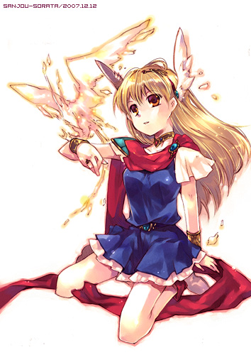 sanjou sorata, chacha, chacha (akazukin chacha), magical princess, akazukin chacha, lowres, 1990s (style), 1girl, animal on arm, arm perch, bird, bird on arm, blonde hair, choker, fantasy, female focus, kneeling, long hair, magical girl, phoenix, red eyes, retro artstyle, solo, white background