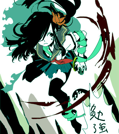 gomosawa, lowres, black hair, flower, long hair, ponytail, ribbon, school uniform, serafuku, solo, thighhighs, zettai ryouiki