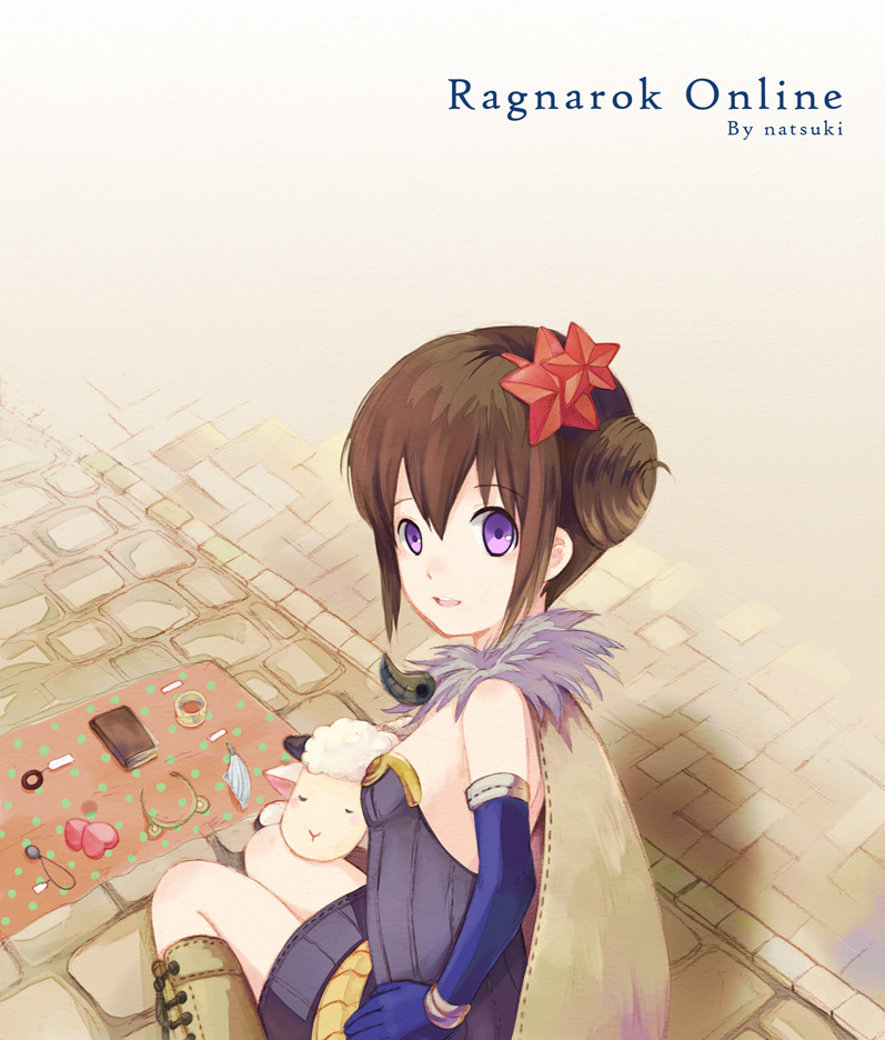 natsuki (pighair), alchemist (ragnarok online), amistr (ragnarok online), ragnarok online, chinese commentary, commentary request, 1girl, artist name, blue gloves, book, boots, breasts, brown boots, brown cape, brown hair, cape, cobblestone, copyright name, cup, double bun, dress, elbow gloves, feet out of frame, from side, fur collar, gloves, hair bun, hair ornament, heart, looking at viewer, open mouth, purple dress, purple eyes, sheep, short dress, short hair, small breasts, smile, solo, star (symbol), star hair ornament, strapless, strapless dress