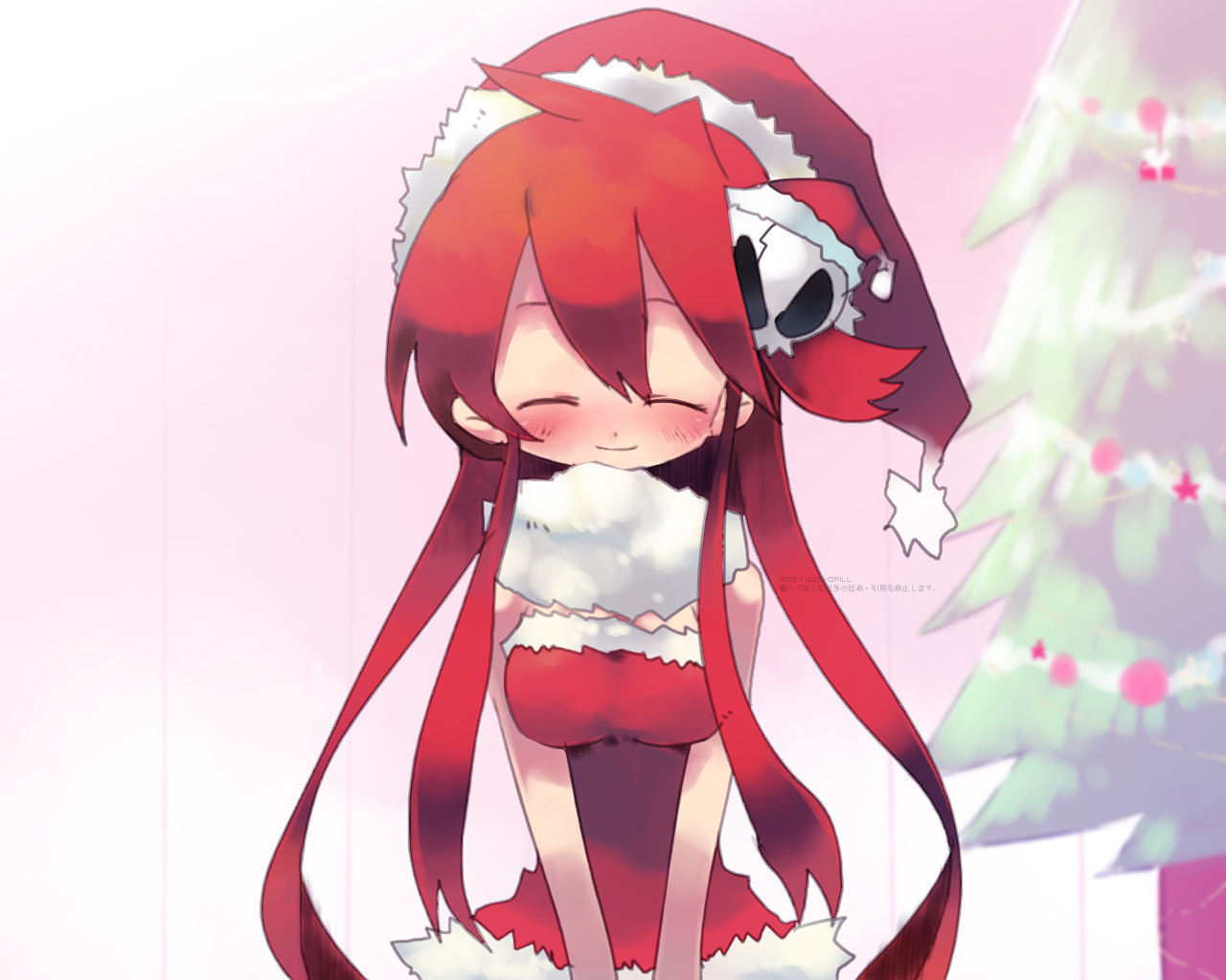 inuhito, yoko littner, tengen toppa gurren lagann, 00s, 1girl, blush, breasts, chibi, christmas, female focus, hat, medium breasts, pink background, santa costume, santa hat, solo