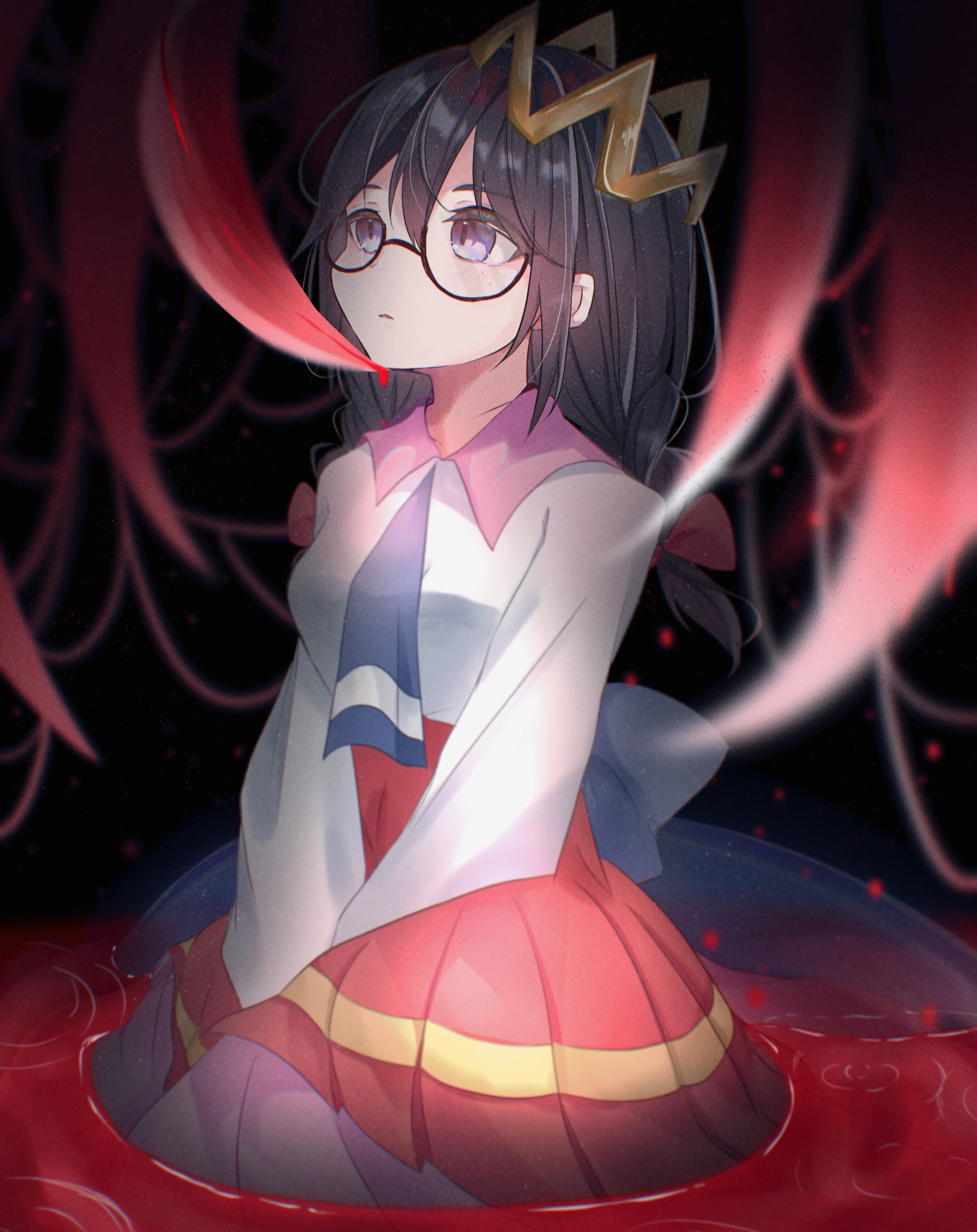 yoake (yoake 04), ripple star queen, zero two (kirby), kirby (series), kirby 64, nintendo, absurdres, highres, 1girl, black hair, blood, bow, braid, crown, fairy, fairy wings, glasses, hair bow, long hair, low twin braids, purple eyes, red bow, sitting, twin braids, wings