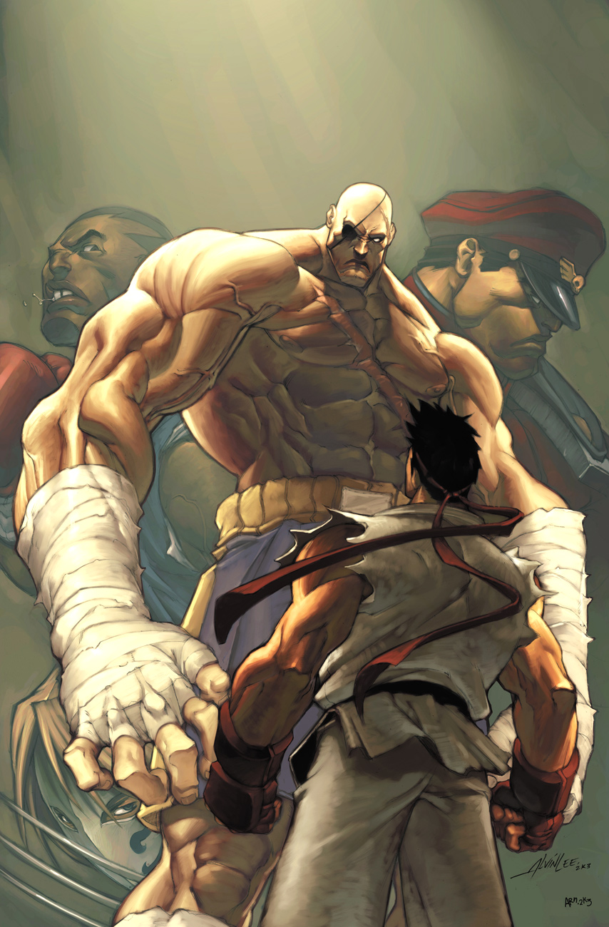 alvin lee, udon entertainment, balrog (street fighter), m. bison, ryu (street fighter), sagat, vega (street fighter), capcom, street fighter, light brown hair, looking away, highres, 5boys, abs, angry, armor, bandages, black eyes, black hair, blue eyes, brown background, brown hair, claw (weapon), clenched hands, clenched teeth, cowboy shot, dark skin, dated, dougi, eye contact, eyepatch, fingerless gloves, from behind, frown, gloves, gym shorts, hat, headband, japanese clothes, lips, looking at another, looking at viewer, looking down, looking up, male focus, mask, military, military uniform, missing tooth, multiple boys, muscular, no pupils, parted bangs, pauldrons, peaked cap, saliva, scar, short hair, shorts, shoulder armor, signature, simple background, size difference, sleeveless, spiked hair, standing, teeth, topless male, torn clothes, turtleneck, veins, weapon, white eyes