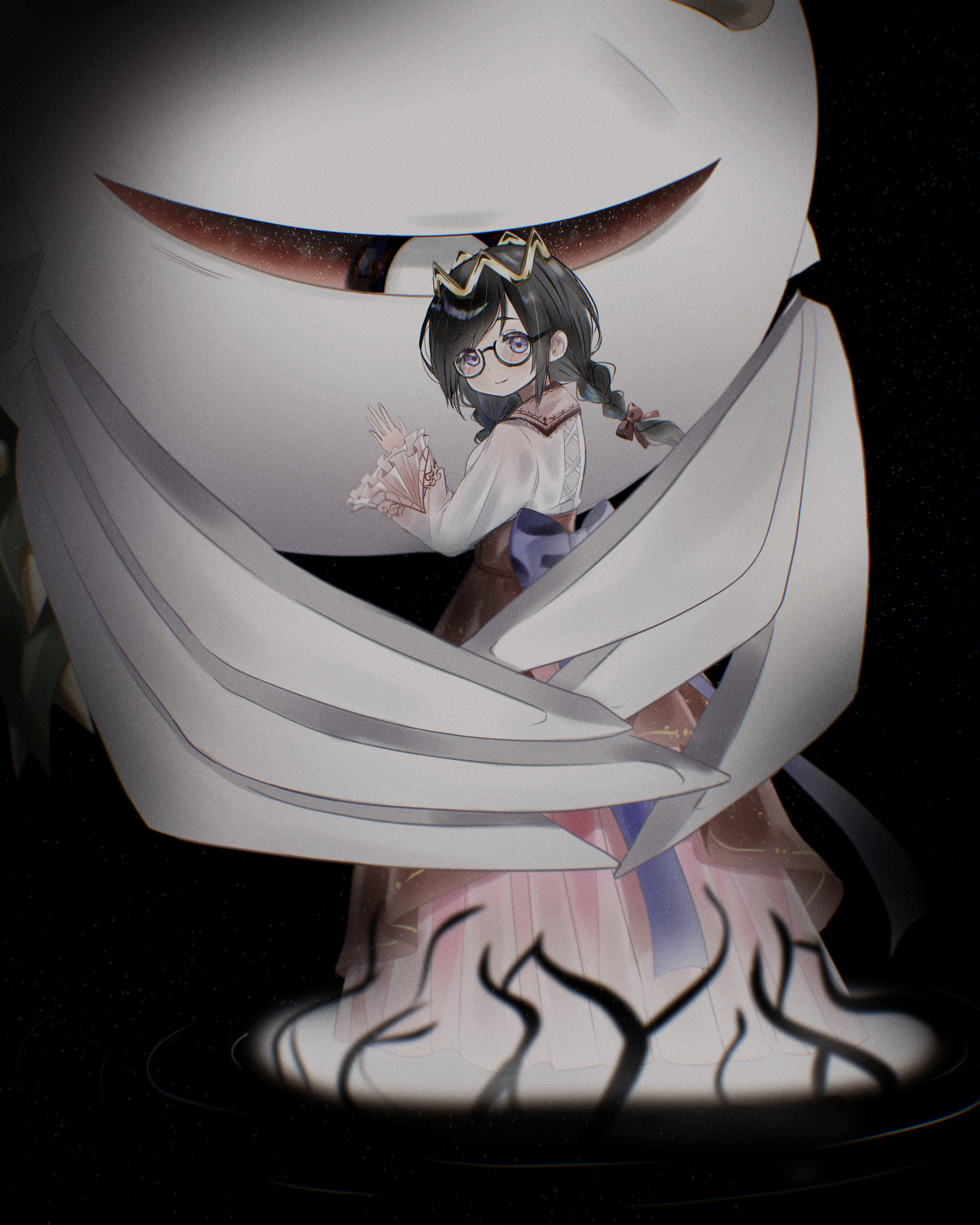 yoake (yoake 04), ripple star queen, zero two (kirby), kirby (series), kirby 64, nintendo, absurdres, highres, 1girl, back bow, black background, black hair, bow, braid, crown, dress, glasses, hair bow, low twin braids, one-eyed, pink dress, purple eyes, red bow, red eyes, smile, twin braids