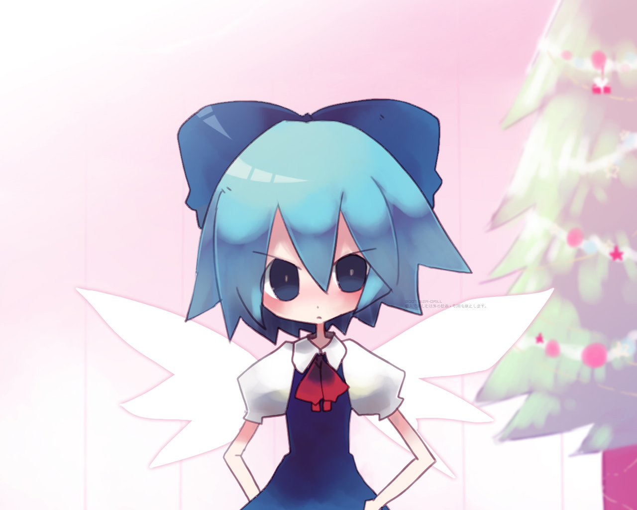 inuhito, cirno, touhou, 1girl, blue eyes, blue hair, dress, fairy, female focus, gradient background, matching hair/eyes, pink background, plant, solo, v-shaped eyebrows, white background, wings