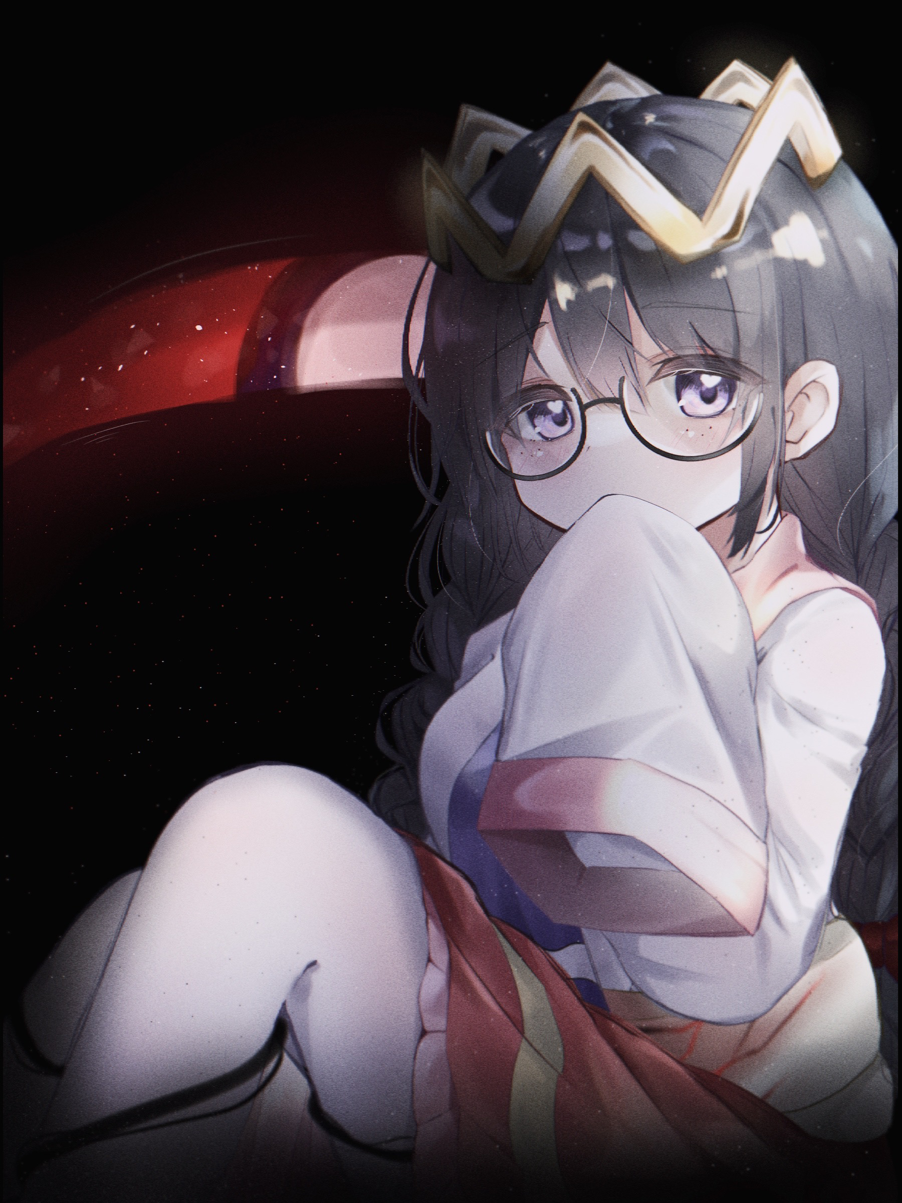 yoake (yoake 04), ripple star queen, zero two (kirby), kirby (series), kirby 64, nintendo, absurdres, highres, 1girl, black background, black hair, braid, crown, glasses, long hair, looking at viewer, low twin braids, one-eyed, purple eyes, red eyes, red skirt, skirt, sleeves past fingers, sleeves past wrists, twin braids