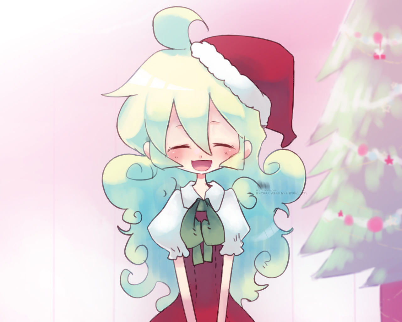 inuhito, nia teppelin, tengen toppa gurren lagann, tagme, 00s, ^ ^, christmas, closed eyes, hat, pink background, santa hat, solo