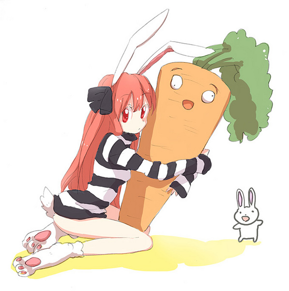 mokeo, striped, bad id, bad pixiv id, animal ears, bottomless, carrot, rabbit, rabbit ears, red eyes, red hair, ribbon, solo