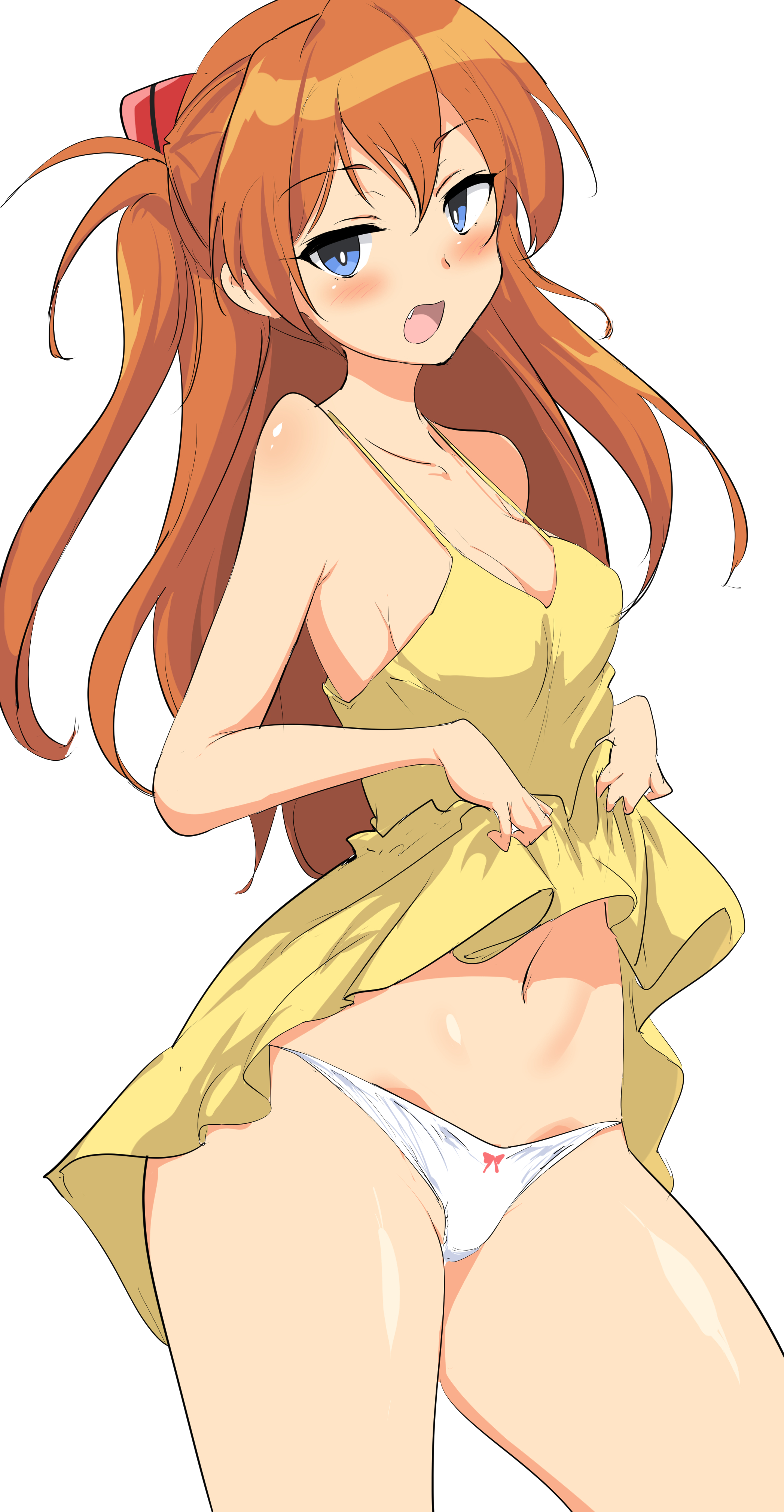 momio, souryuu asuka langley, 1girl, bare shoulders, blue eyes, blush, bow, bow panties, breasts, clothes lift, dress, dress lift, fang, flashing, legs, long hair, medium breasts, orange hair, panties, short dress, sundress, underwear, white panties