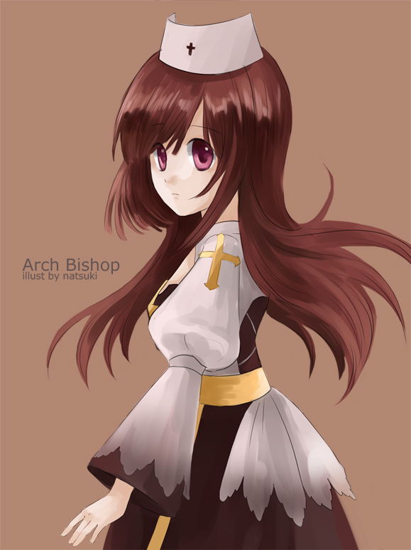 natsuki (pighair), arch bishop (ragnarok online), ragnarok online, commentary request, 1girl, brown background, brown dress, brown hair, character name, cleavage cutout, closed mouth, clothing cutout, cowboy shot, cross, dress, expressionless, hat, juliet sleeves, long hair, long sleeves, looking at viewer, looking to the side, nurse cap, puffy sleeves, purple eyes, sash, simple background, solo, two-tone dress, white dress, yellow sash