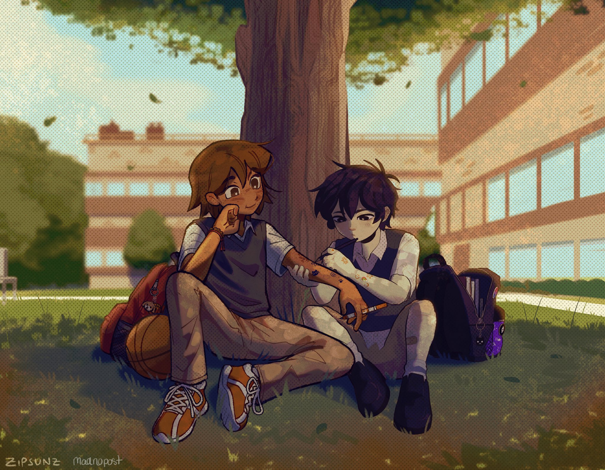 madnopost, zipsunz, kel (faraway) (omori), kel (omori), omori, artist collaboration, highres, 2boys, alternate costume, antenna hair, artist name, backpack, bag, bag charm, ball, bandaid, bandaid on leg, basketball (object), black eyes, black hair, black shoes, blurry, blurry background, bright pupils, brown eyes, brown hair, brown pants, charm (object), closed mouth, dark-skinned male, dark skin, day, holding, holding marker, loafers, looking at viewer, male focus, marker, multiple boys, orange shoes, outdoors, pants, shoes, short hair, sitting, sneakers, white pupils