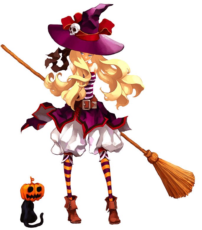 migikiki, original, brown footwear, 1girl, bare shoulders, belt, black cat, blonde hair, blue eyes, boots, broom, cat, female focus, full body, hair ornament, halloween, hat, hat ribbon, jack-o'-lantern, long hair, pantyhose, patterned legwear, pumpkin, red ribbon, ribbon, shirt, shoes, skirt, skull, skull hair ornament, sleeveless, solo, strapless, striped clothes, striped pantyhose, striped shirt, thighhighs, tube top, white background, witch, witch hat