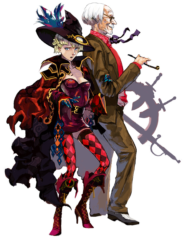 migikiki, original, bad id, bad pixiv id, 1boy, 1girl, belt, blonde hair, blue eyes, boots, breasts, cape, cleavage, hat, holding, holding smoking pipe, kiseru, large breasts, smoking, smoking pipe, thighhighs