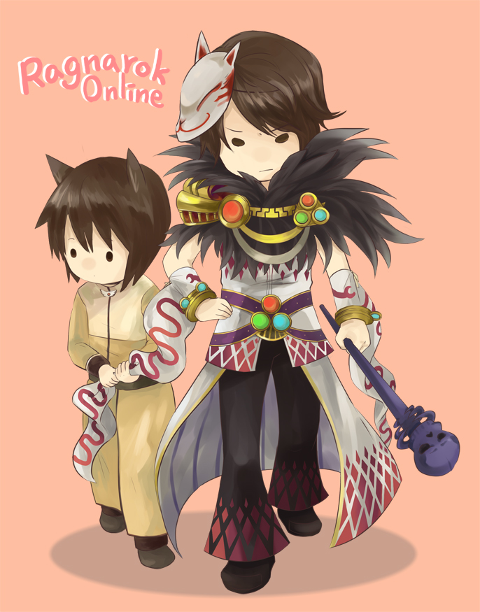 natsuki (pighair), acolyte (ragnarok online), sorcerer (ragnarok online), ragnarok online, commentary request, 2boys, argyle cape, argyle clothes, argyle pants, argyle shirt, bangle, belt, black pants, black shoes, bracelet, brown coat, brown hair, cape, cassock, closed mouth, coat, copyright name, detached sleeves, fox mask, full body, fur collar, holding, holding staff, jewelry, long sleeves, looking at viewer, male focus, mask, mask on head, multiple boys, pants, pink background, purple belt, shirt, shoes, short hair, simple background, skull, solid circle eyes, staff, standing, v-shaped eyebrows, waist cape, white cape, white shirt, white sleeves