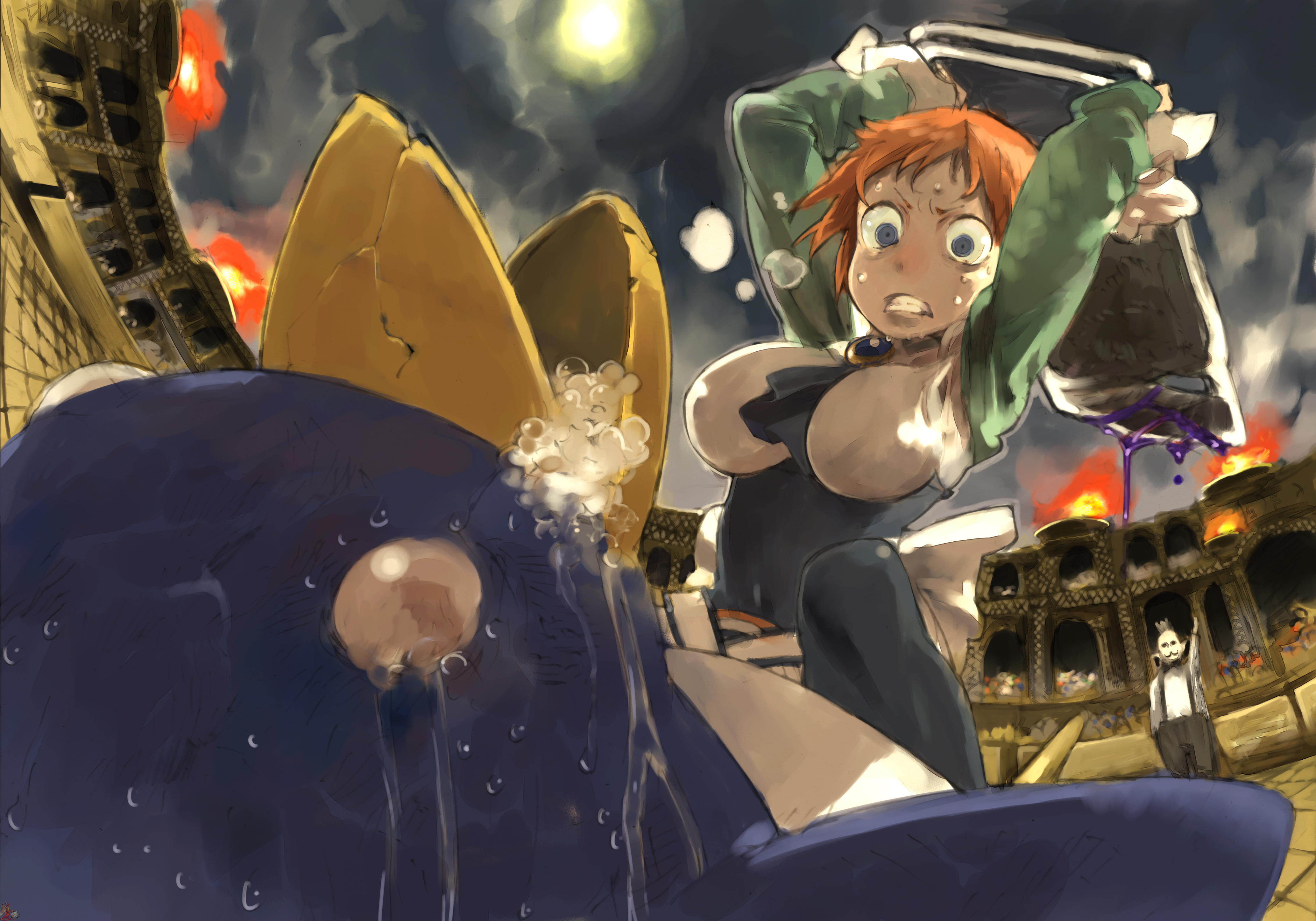 humi, toi8, magic knight (disgaea), prinny, disgaea, makai senki disgaea 2, nippon ichi, absurdres, highres, 1girl, angry, arms up, ascot, battle, belt, between breasts, bird, black thighhighs, blood, blue eyes, bow, breasts, chair, clenched teeth, cloud, colosseum, empty eyes, fire, fisheye, foam, foaming at the mouth, folding chair, foreshortening, full moon, gem, green shirt, holding, impossible clothes, impossible shirt, large breasts, lying, mageknight, moon, night, night sky, on back, open mouth, orange hair, outdoors, penguin, red hair, saliva, shirt, short hair, sky, suspenders, sweat, tears, teeth, thighhighs, violence, what, white eyes