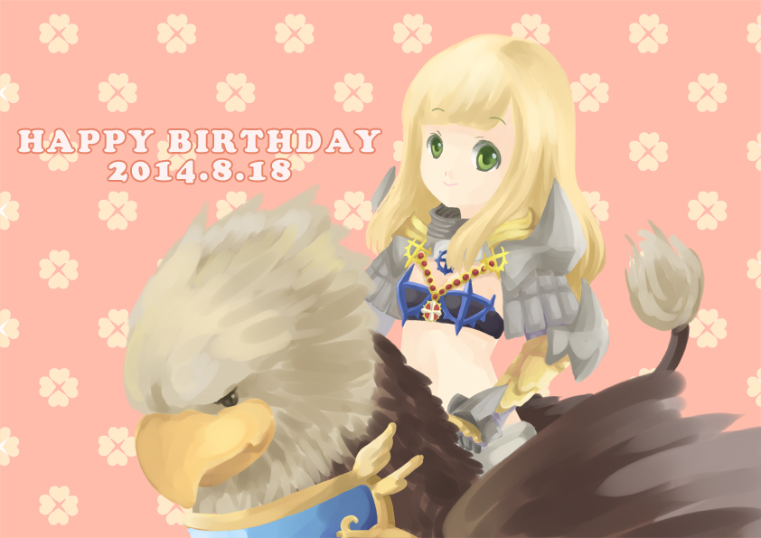 natsuki (pighair), gryphon (ragnarok online), royal guard (ragnarok online), ragnarok online, chinese commentary, commentary request, 1girl, armor, bikini armor, blonde hair, closed mouth, cross, cross necklace, cross of prontera, dated, green eyes, griffin, happy birthday, jewelry, long hair, looking at viewer, necklace, pauldrons, pink background, riding, shoulder armor, smile, solo, upper body