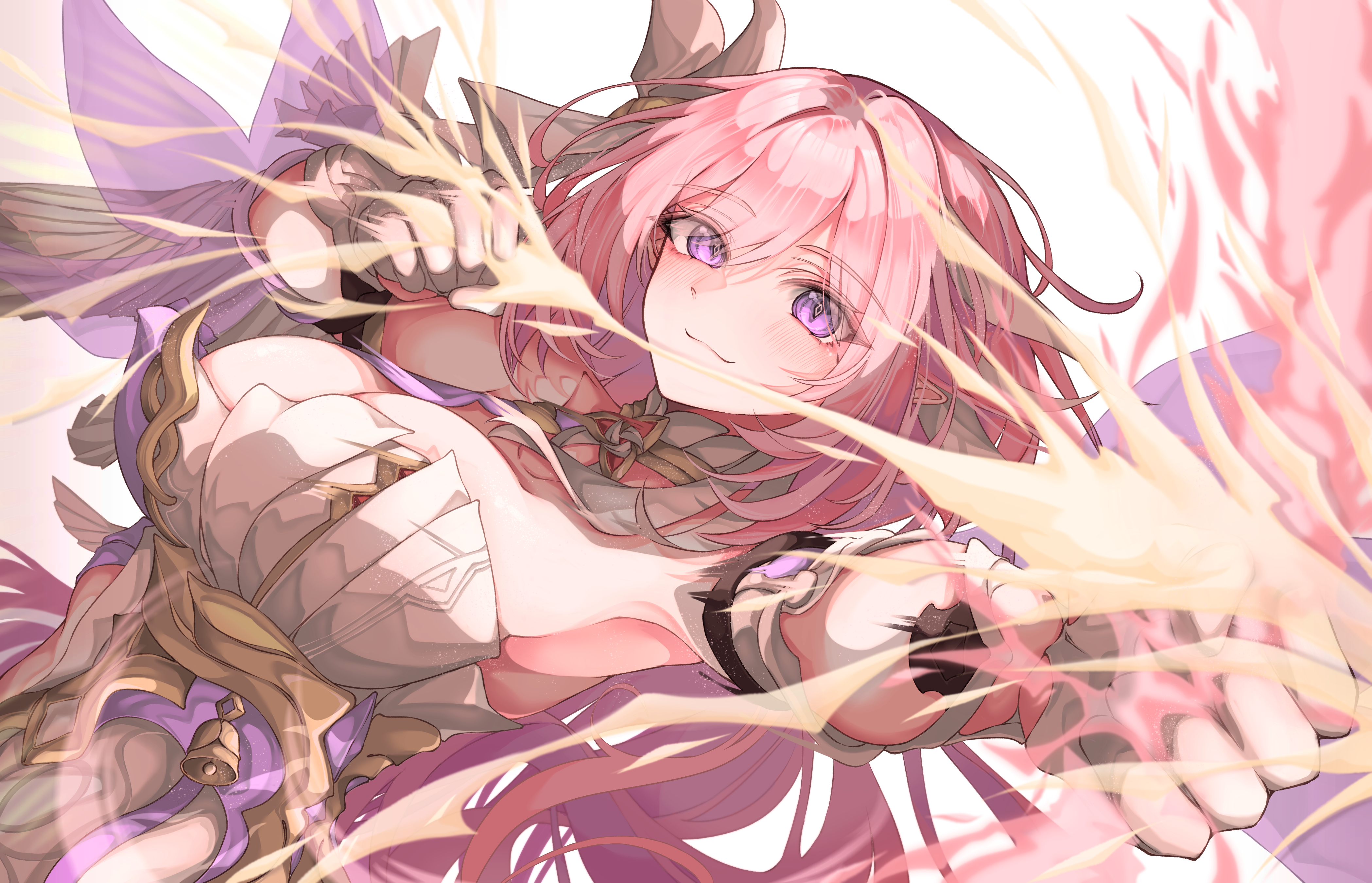 blitz predator, elysia (herrscher of human: ego) (honkai impact), elysia (honkai impact), honkai (series), honkai impact 3rd, absurdres, commentary, english commentary, highres, 1girl, armpits, bare shoulders, breasts, closed mouth, diamond-shaped pupils, diamond (shape), dress, elf, foreshortening, gloves, hair ornament, large breasts, long hair, looking at viewer, pink hair, pointy ears, shattered, sidelocks, simple background, smile, solo, symbol-shaped pupils, white background, white dress, white gloves