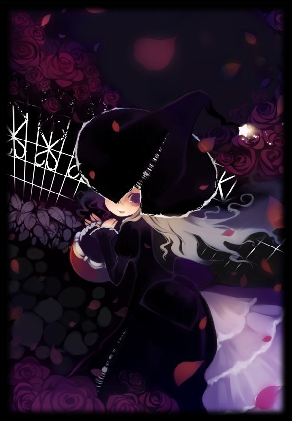 puti devil, brown eyes, brown hair, dark, dress, fence, flower, halloween, hat, long hair, puchi devil, purple eyes, rose, solo, star (symbol), witch, witch hat