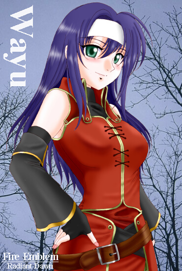 hissaa (starlight express), mia (fire emblem), fire emblem, fire emblem: radiant dawn, nintendo, bad id, 1girl, character name, copyright name, detached sleeves, female focus, gloves, green eyes, hand on own hip, long hair, purple hair, solo