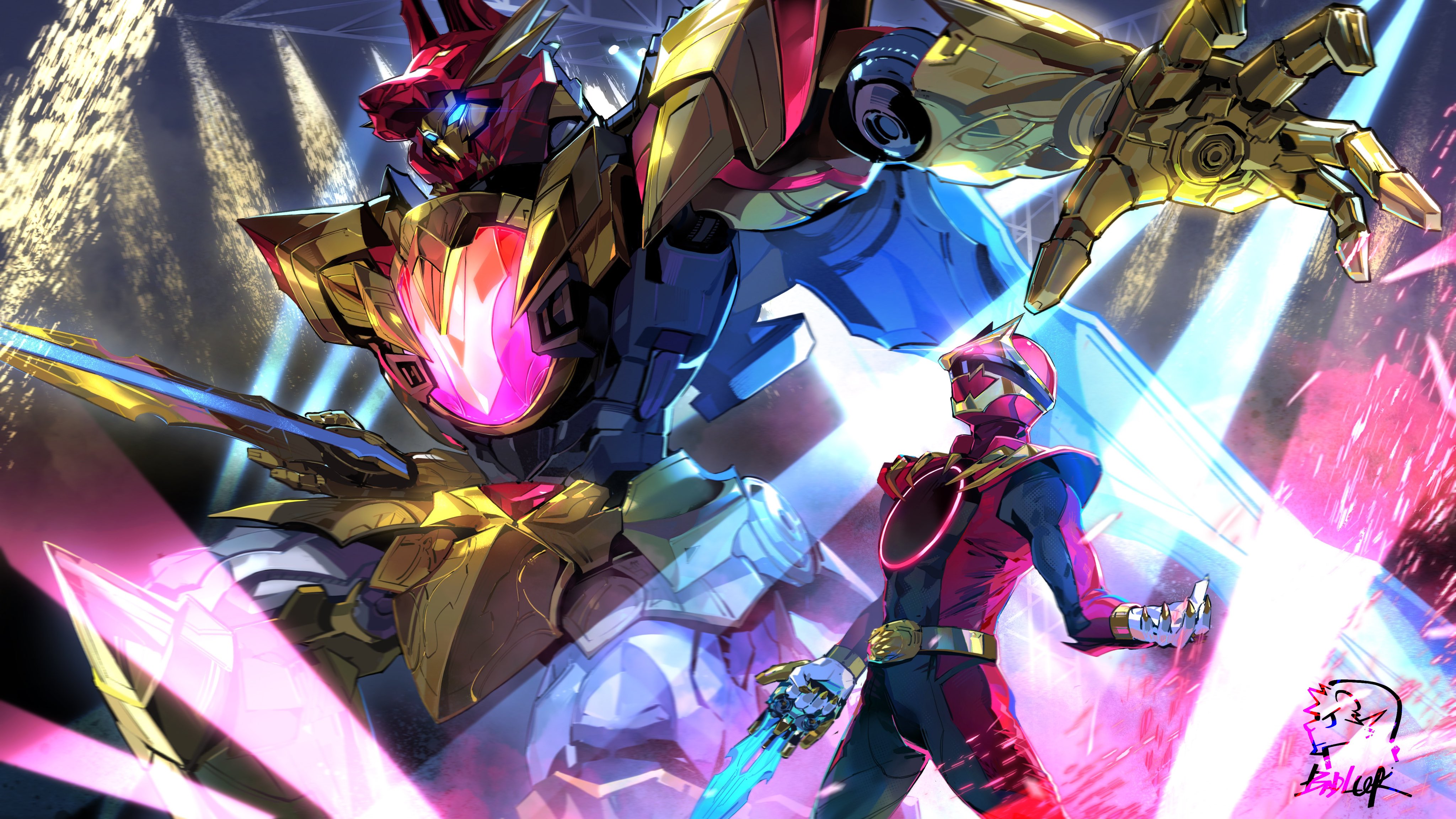 badluck, gozyuwolf, tega sword red, no.1 sentai gozyuger, super sentai, absurdres, commentary request, highres, 1boy, arm blade, armor, belt, black bodysuit, blue eyes, bodysuit, glowing, glowing eyes, helmet, male focus, mecha, red armor, red bodysuit, red eyes, red helmet, robot, signature, stage lights, tega sword, tokusatsu, weapon